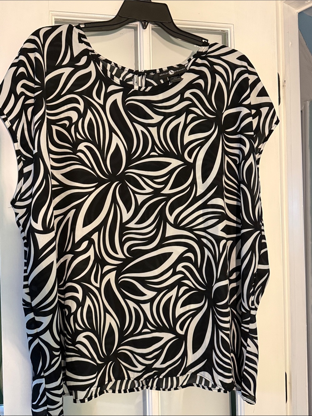 Ashley Stewart Black and White Floral-Pattern Blouse